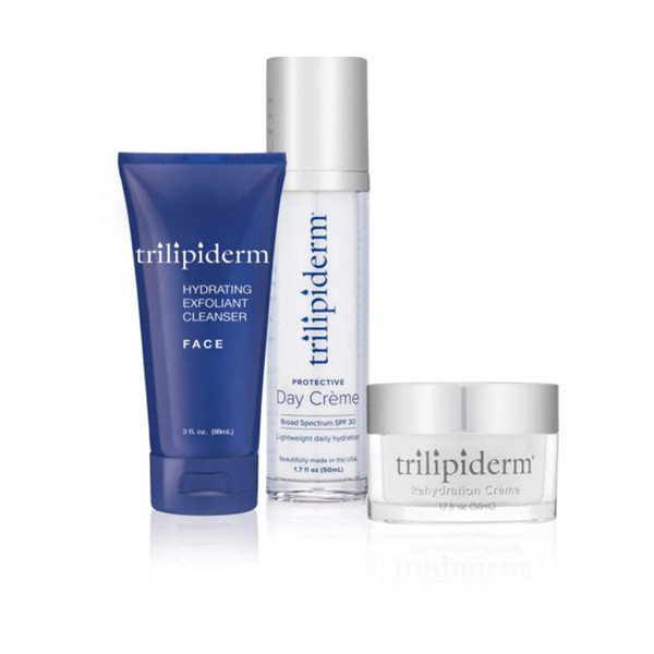 Trilipiderm Essential Face Regimen Bundle – Hydrating Exfoliant Cleanser, Protective Day Crème, Rehydration Night Crème – Complete 3-Step Skincare Solution for Hydration and Renewal