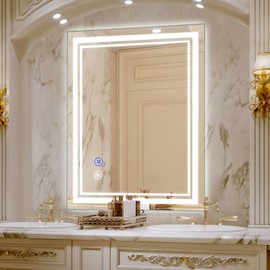 SaniteModar LED Bathroom Mirror 36 x 28 inch, Front + Backlit Light Led Mirror, Dimmable 3 Colors Led Mirror, Anti Fog Waterproof Bathroom Mirror, Wall Mounted Mirror with Touch, Horizontal/Vertical…