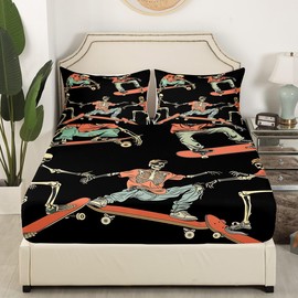 Skateboard Fitted Sheet Sugar Skull Sheet Set Hip Hop Style Bedding Set For Kids Teen Boys Skateboarding Actions Hippie Bed Cover With 1 Pillow Case Twin Size Orange Black Child Room Decor