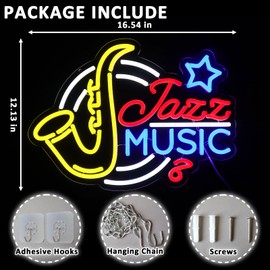 Folkive Jazz Music Neon Sign for Wall Decor Dimmable Saxophone Led Sign for Music Studio Vintage Jazz Neon Light for Recording Room Live Show Bar Man Cave Club Party Retro Home Decoration