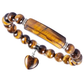 mookaitedecor 8mm Tiger's Eye Semi Precious Gemstone Stone Beads Bracelet for Chakra Reiki Energy, Natural Healing Crystal Bracelet Love Heart Charm Romantic Bracelet Men Women Jewellery Gift