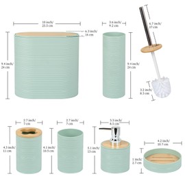 Bathroom Accessories Bath Set of 6, Toothbrush Holder, Soap Dispenser, Trash Can, Soap Dish, Toothbrush Cup and Toilet Brush Holder, Green