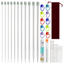 FEPITO Stainless Steel Knitting Needles Set, Straight Single Pointed Metal Knitting Needles, 11 Size from 2.0mm-8.0mm, 9.84 Inches Length for Handmade DIY Knitting
