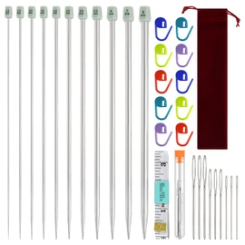 FEPITO Stainless Steel Knitting Needles Set, Straight Single Pointed Metal Knitting Needles, 11 Size from 2.0mm-8.0mm, 9.84 Inches Length for Handmade DIY Knitting