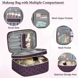 IGOLUMON Makeup Bag Toiletry Bag Women Travel Cosmetic Bag Waterproof Toiletries Bag Quilted Make Up Bag Organizer Double Deck Makeup Bags Cosmetic Makeup Pouch Skincare Bag Portable Purple