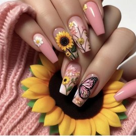 BABALAL Press on Nails Long Coffin Fake Pink Glue on Nails Sunflower & Butterfly Spring Acrylic Nail Art 24Pcs Coquette False Nails Ballerina Glossy DIY Stick on Nail Supplies