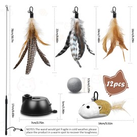 Rosaui Cat Toy, Pack of 12 Cat Fishing Rod with 2 Suction Cups, Cat Toy, Self-Activity with Mouse, Naturally Interactive Cat Toy for Cats, Intelligence Toy with Feathers