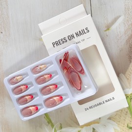 LPOODDNU Almond Press on Nails 3D Effect Flower Fake Nails Glossy Pink Orchid False Nails Press ons with Designs Medium Exquisite Glue on Nails Cute Stick on Nails for Women Finger Manicure 24Pcs