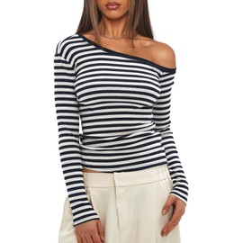 Darong Women One Shoulder Top Striped Long Sleeve Shirts Tight Fitted Going Out Tops Basic Tee Y2k Outfits Black Stripe XL