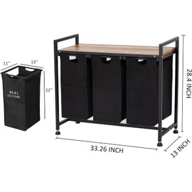 Laundry Hamper, Laundry Basket, Laundry Sorter with 3 Pull-Out and Removable Bags, Shelf, Metal Frame, 3 x 9.5 Gallons (108L), 33.2 x 13 x 28.4 Inches, Rustic Brown and Black