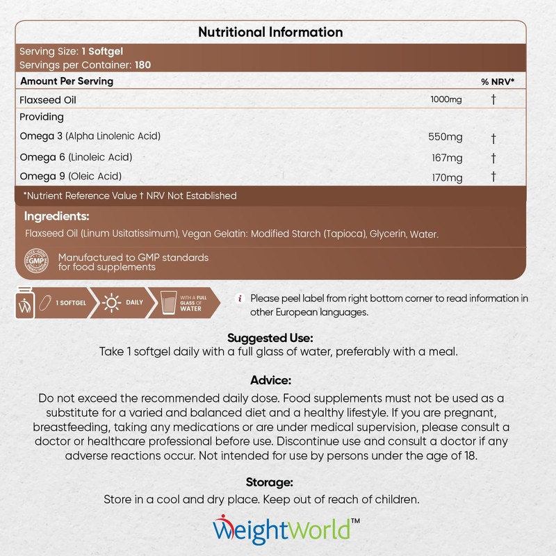 Flaxseed Oil Capsules - 2000mg per 2 Softgels - 180