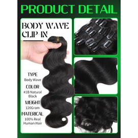 Anrosa Body Wave Hair Extensions Clip Ins 16 Inch Natural Black Human Hair Clip in Extensions for Women #1B 120g