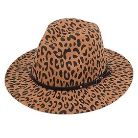 Womens Leopard Printed Wide Brim Fedora Hat Classic Panama Hat Jazz Cap with Belt Buckle