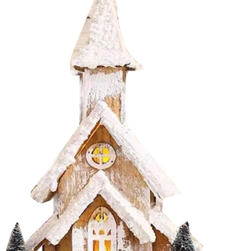 kokiya Christmas Wooden Lighted Snow Church Miniature Tabletop Decoration Xmas