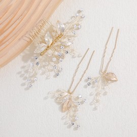 Famihot Hair Accessories, Crystal Comb, U Pins, 5-piece Set, Tree Leaf Motif, Bride Hair Headdress, Handmade Wedding Yukata, Kimono, Hair Ornament, Flower, Wedding Reception, After-party, Recital
