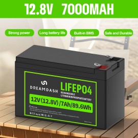 DREAMDASH 12.8V 7Ah LiFePO4 Lithium Battery 4000+ Deep Cycle for RV Solar scooter kids Car