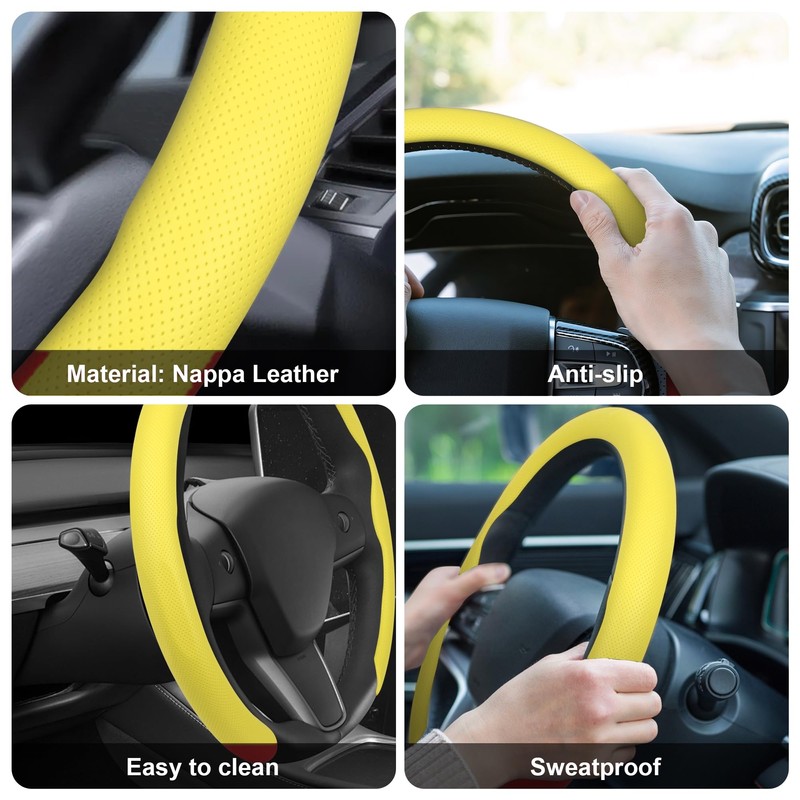 Frani Nappa Leather Steering Wheel Cover,Universal Fit 15 Inch-Premium Non-Slip