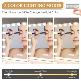 Vanity Mirror with Lights and Speaker, Lighted Vanity Mirror with 15 LED Bulbs, 3 Color Modes, Support Answer Call, Touch Screen, USB Charging Port, Light up Mirror for Bedroom, Tabletop, 23" x 18"