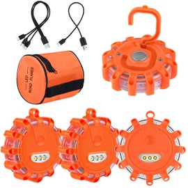 AK LED Road Flares Rechargeable Safety Flashing Warning Light Roadside Emergency Disc Beacon Kit for Vehicles Boats with Magnetic Base & Hook & USB Charging Cables (4 Pack)