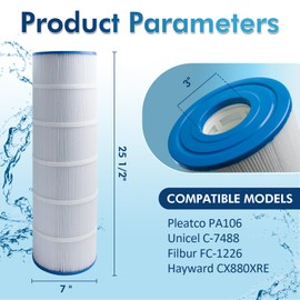 FixCracked 4-Pack PLF106A Pool Filter Replaces for Hayward CX880XRE, Pleatco PA106-PAK4, Ultral-A1, Unicel C-7488, Filbur FC-1226, FC-6430, Hayward SwimClear C4020, C4025, C4030，25 1/2" x 7" Filter