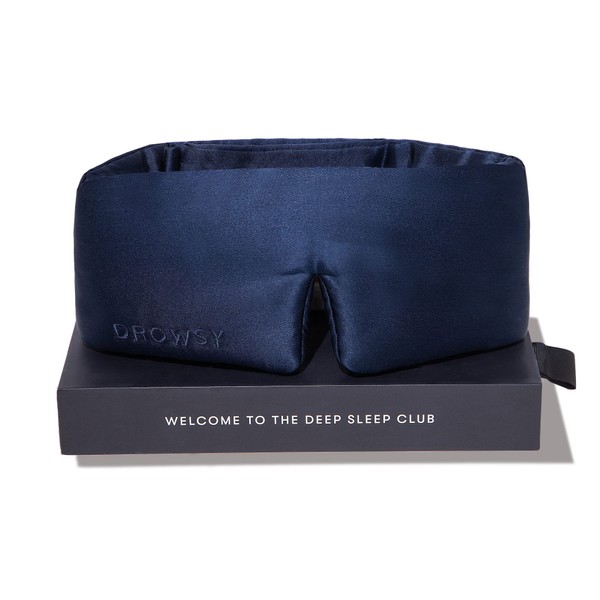 DROWSY Silk Sleep Mask. Face-Hugging, Padded Silk Cocoon for Luxury Sleep in Total Darkness. (Midnight Blue)