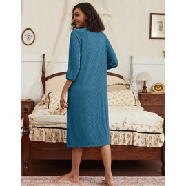 Ekouaer Zipper Robes for Women Ribbed Knit Bathrobe Lightweight Full Length Loungewear with Pockets Blue,L