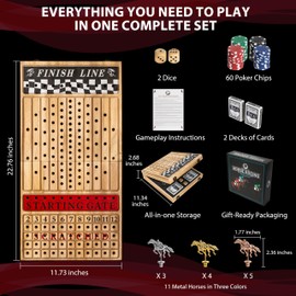 Horse Racing Board Game - 23"x12" - Derby Classic Horse Race Game with 11 Premium Metal Horses - Foldable Wood Horse Game with Dice, 2 Packs of Cards & 60 Poker Chips - Charred Wood
