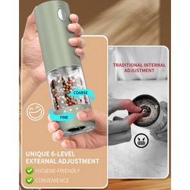 CIRCLE JOY Electric Salt and Pepper Grinder Set Rechargeable Salt and Pepper Mills with Storage Base, Adjustable Coarseness and LED White Light, Washable 95ml Container, Green