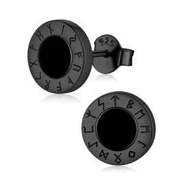 ChicSilver Black Men Earrings 925 Sterling Silver Viking Rune Black Onyx Earrings for Women Men Jewelry hypoallergenic Stud for Sensitive Ear