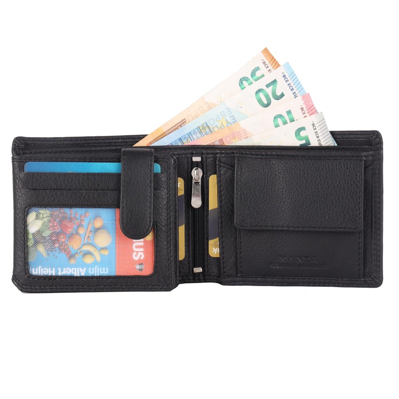 Manza Men's Wallet Genuine Leather Wallet RFID Protection Zip Compartment