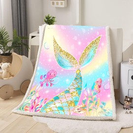 HAVOP Mermaid Blanket Throw Kids Girls Sharpa Fleece Blankets Throws Pink Sharkling Glitter Mermaid Tail Sea Animal Print Blanket Room Decor
