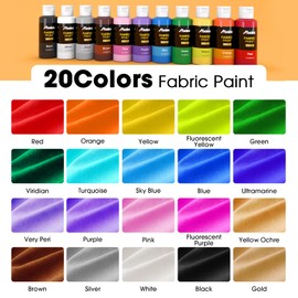 ABEIER Permanent Fabric Paint, 20 Colors x 2 oz(60ml) Soft Fabric Paint, Non-Toxic Textile Paint for Clothes, Shoes, Jeans, Bags, Pillowcase, DIY Projects