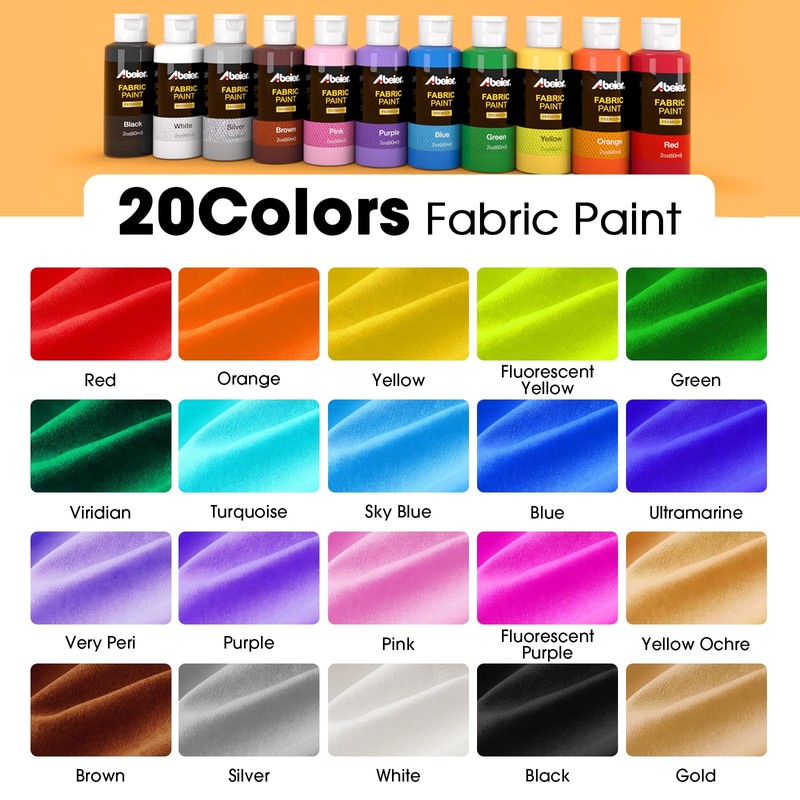 ABEIER Permanent Fabric Paint, 20 Colors x 2 oz(60ml) Soft