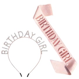 Vorythm Elegant Rose Gold Birthday Sash & Tiara Set – Birthday Girl Sash, Rhinestone Tiara – Ideal for Women’s Parties and Celebrations