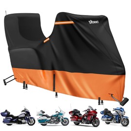 Touring Motorcycle Cover with Side+Top Box,420D Waterproof Motorbike Cover fit for Gold Wing,Road Master,Ultra Limited,Road Glide Limited,Outdoor Protection(118" x 44" x 56" Black & Orange)