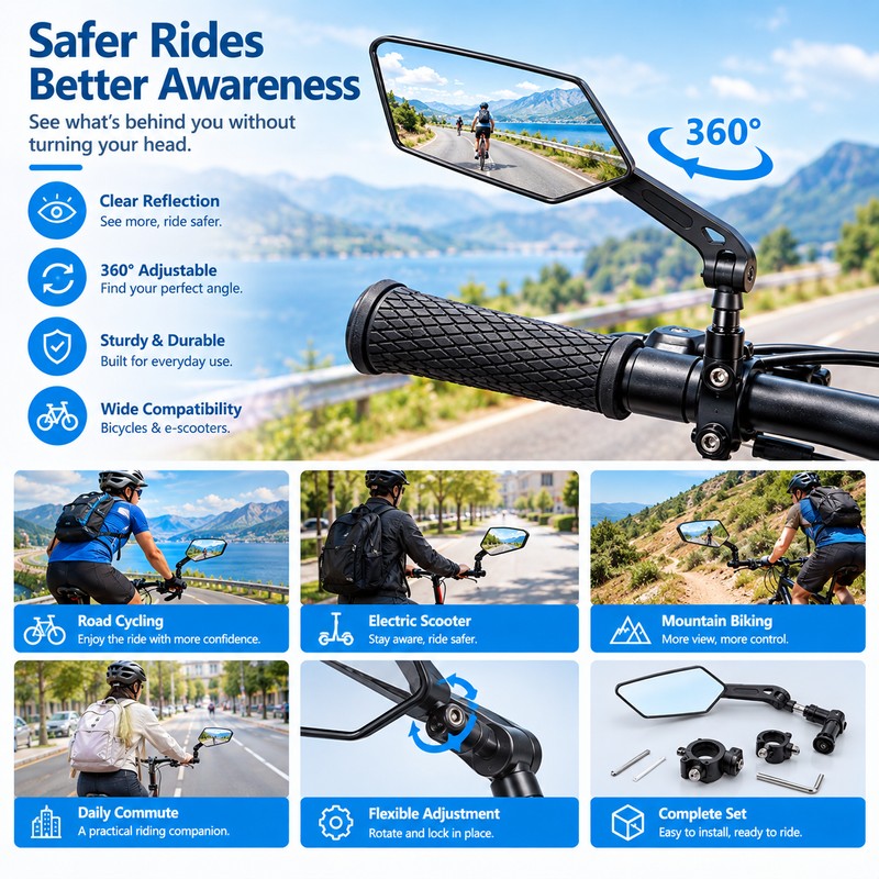 Bike Rear View Mirror for Cycling – Adjustable Rotatable Clear
