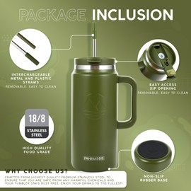 FAHRMOSIS 64 Oz Tumbler with Handle and Straw Half Gallon Water Bottle Stainless Steel Travel Mug for Hot & Cold Drinks, Reusable Water Bottle with Lids and Straw - Army Green