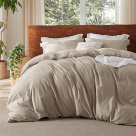 Bedsure 100% Washed Cotton Duvet Cover Cal King - Khaki Minimalist Cotton Duvet Cover Linen Like for All Seasons - GentleSoft™ Plain Simple Bedding, 3 Pieces (Khaki, California King, 104"x98")