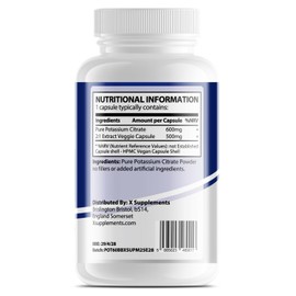X Supplements Potassium Citrate Capsules | 600mg Per Serving | 60 Vegan Capsules | 2 Month Supply | High Strength Potassium Supplements for Kidney Health | Muscle & Nerve Function