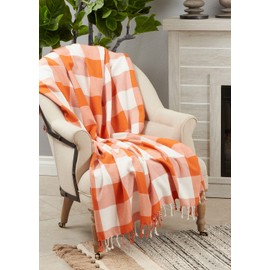 Fennco Styles Autumn Buffalo Plaid Tassel Cotton Throw Blanket 50" W x 60" L – Orange Blanket for Couch, Bedroom and Living Room Décor