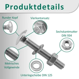 DSM - Carriage Bolts M5 x 90mm DIN 603 - Includes M5 Hex Nut DIN 934 & Washer DIN 125 - A2/V2A Stainless Steel - Round Head Square Head Screws - Pack of 10