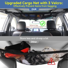 Isvo Upgrade Car Ceiling Cargo Net Pocket, 29.5''x19.5'' Strengthen Load, Adjustable Velcro, No Sagging and Two Pocket Organizers Storage, for SUV Travel Long Road Trip Camping Accessories, Black 2