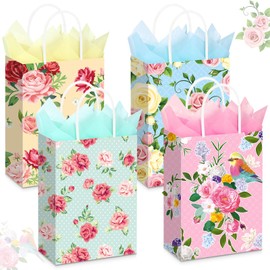 Pasimy 24 Pcs Tea Party Gift Bags Bulk with Tissue Paper Vintage Floral Candy Treat Goodie Bags with Handles Flower Tea Party Favors for Girl Kid Birthday Baby Shower Bridal Shower Wedding Supplies