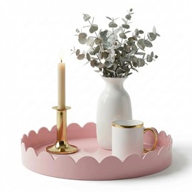 Gesodant 13" Round Scalloped Decorative Tray for Coffee Table Decor, Candle & Perfume Tray, Dining Table Centerpiece & Aromatherapy Candle Display, Modern Glossy Lacquer Look (Pink)