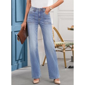 EVALESS Straight Leg Jeans for Women 2025 Trendy Fashion Womens Stretchy High Waisted Wide Leg Jeans Casual Zimbaplatinum Denim Pants with Pockets Iceland Blue Size 14