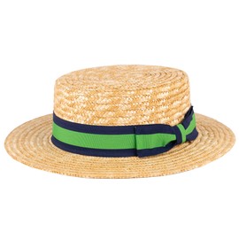 ZAKIRA Classic Straw Boater Hat Handmade from Natural Straw (Navy-Green-Navy Band, L)