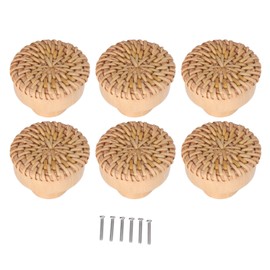 6pcs Round Drawer Knobs Wood Rattan Woven Handmade Drawer Pulls Door Knobs for Kitchen Bedroom Furniture