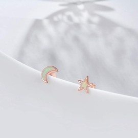 Cuoka Moon Star Earrings 925 Sterling Silver Opal Star Moon Stud Earrings Asymmetrical Celestial Opal Earrings,Rose Gold Moon And Star Jewelry for Women