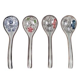 Nudiuhis 4 Pieces Asian Retro Chinese Ceramic Rice Spoons Curved Handle Ramen Soup Spoon Painted Flower Spoons with Long Handle