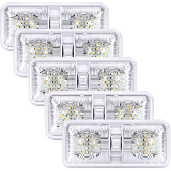 Kohree 5 Pack 12V Led RV Ceiling Double Dome Light 640 Lumens RV Bright Interior Lighting Fixture for RV Car Trailer Camper with ON/OFF Switch, Natural White 4000-4500K, 48X5050SMD